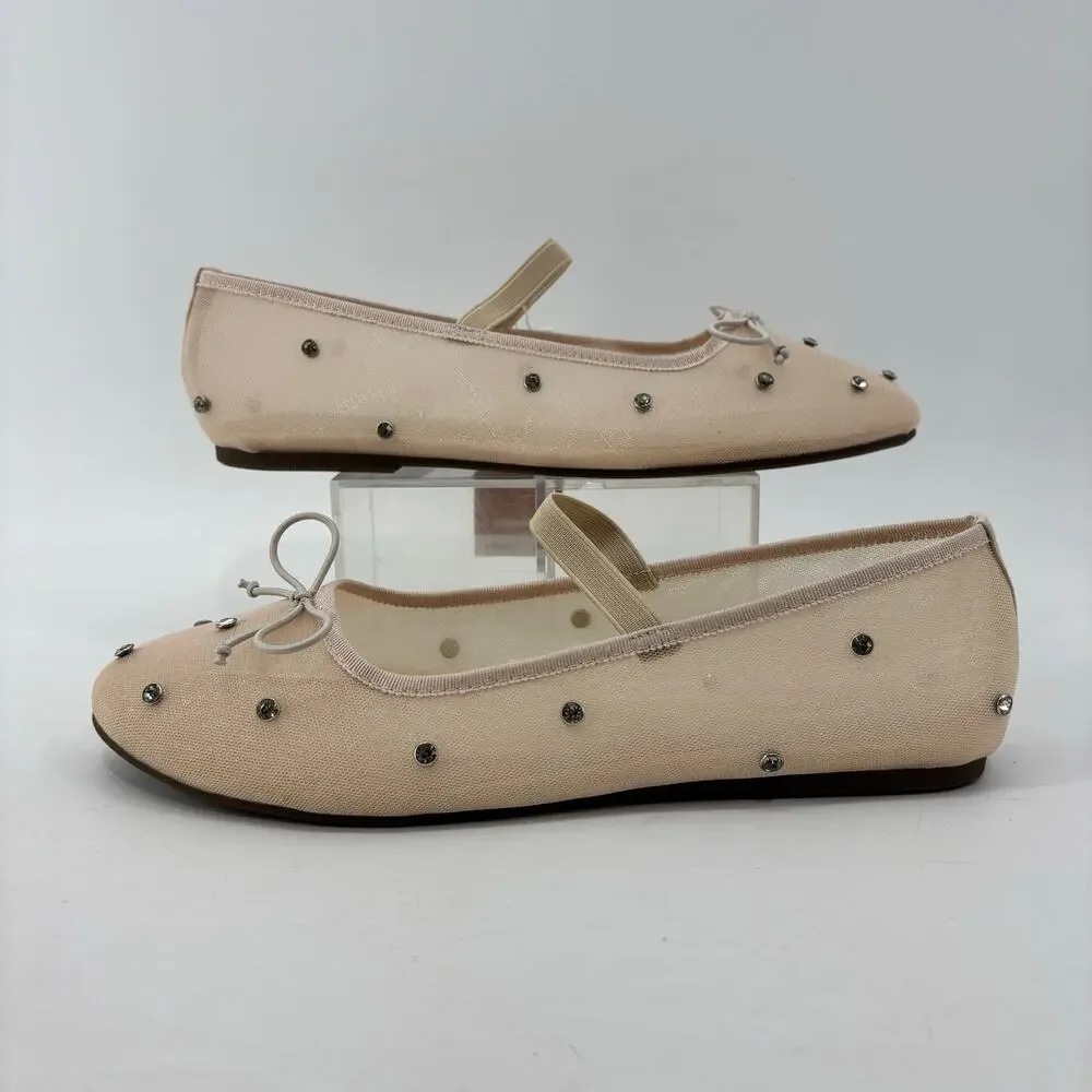 Project Cloud Amity Nude Rhinestone Ballet Flats Mesh Bow Glam